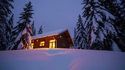 Aufkleber - Tranquil snowy landscape with a cozy wooden cabin surrounded by pine trees and warm golden light from the windows, ideal for winter holiday themes.
