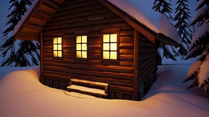 Poster - Tranquil snowy landscape with a cozy wooden cabin surrounded by pine trees and warm golden light from the windows, ideal for winter holiday themes.
