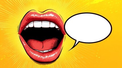 Poster - Pop art illustration of a woman's open mouth displaying red lipstick, white teeth, and tongue, set against a vibrant yellow background with radial lines