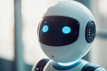 Poster - A detailed view of a robot's face with bright blue eyes