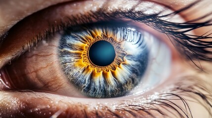 Poster - Extreme close up of an eye showcasing intricate details of the iris, pupil, and surrounding eyelashes, highlighting the complexity and beauty of human vision