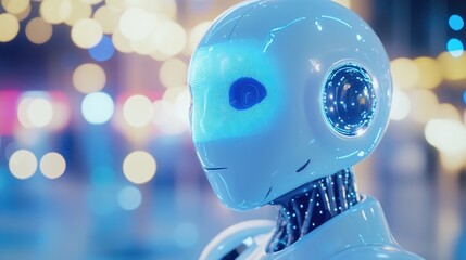 Poster - A detailed shot of a robot's face with glowing lights in the background, suitable for futuristic or sci-fi themed designs