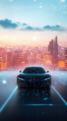 Poster - Futuristic autonomous electric car driving along a digital road in a smart city, illuminated by holographic circuits and set against a sunset skyline