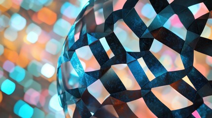 Abstract blue sphere with geometric pattern against bokeh background.