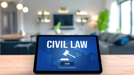 Poster - Civil law brisk information showing on computer screen for Common Justice Legal Regulation Rights Concept