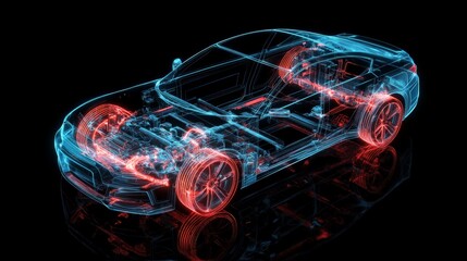 Aufkleber - Holographic projection of a futuristic vehicle highlighting engine and wheels, ideal for illustrating automotive innovation, engineering, and technological advancements in car production and design