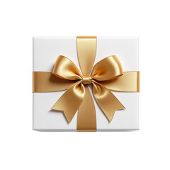 white gift box with gold silk ribbon bow on top view isolated on transparent background