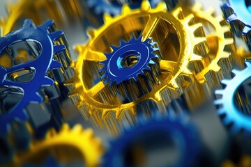 Poster - A collection of blue and yellow gears arranged on a table