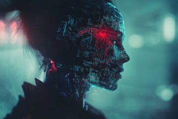 Poster - Humanoid AI robot on abstract digital background, cyborg or android, futuristic artificial intelligence, artificial intelligence,concept,