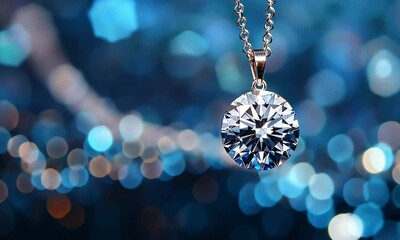 Poster - Sparkling diamond necklace shines against a vibrant blue background with shimmering lights