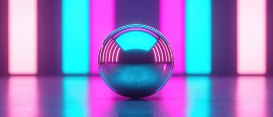 Poster - A vibrant glass sphere reflecting colorful neon lights in a modern setting.