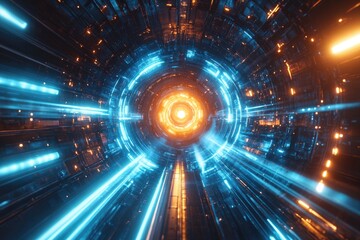 Poster - A bright blue and yellow light tunnel shines through the darkness, offering a beacon of hope