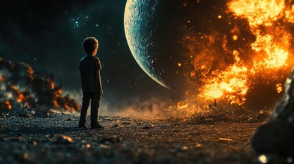 Wall Mural - person in space suit stands next to fiery pit with a planet visible in the background