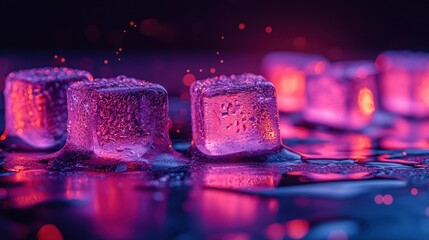 Poster - Melting ice cubes, neon light, dark background, drink