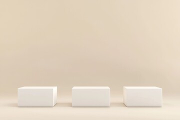 Poster - Three white cubes on a minimalist beige background