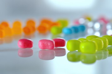 A colorful group of gummy bears sit on a table, ready for snacking or display