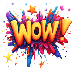 Poster - A vibrant illustration of the word Wow with an exclamation mark surrounded by colorful paint splashes and stars.