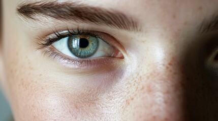 Poster - Macro close up of a female eye showing iris, pupil, eyelashes, eyebrow, and freckled skin, highlighting details of human vision and ocular health