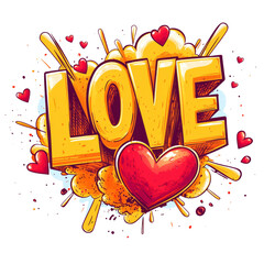 Poster - A vibrant graphic design showcasing the word love in bold yellow letters surrounded by exploding shapes and red hearts.
