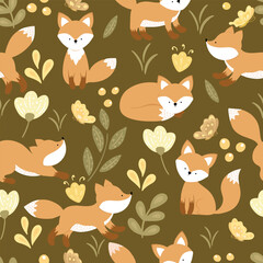  Seamless pattern with a little fox, butterfly and flowers. Wrapping paper pattern.