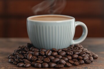 Wall Mural - Coffee culture: The perfect grind by a barista. A steaming coffee cup surrounded by roasted beans.