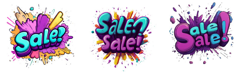 Poster - Three dynamic sale announcements designed in a vibrant graffiti style with colorful paint splatter effects.