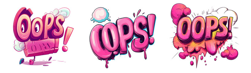 Aufkleber - The image showcases three distinct artistic interpretations of the word Oops each exhibiting a different style and visual effect.