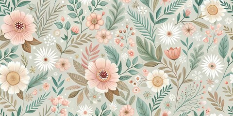 Sticker - Soft-Colored Elegant Floral Seamless Pattern by Generative AI