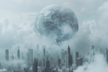 Wall Mural - a giant planet floats in the sky above an urban city