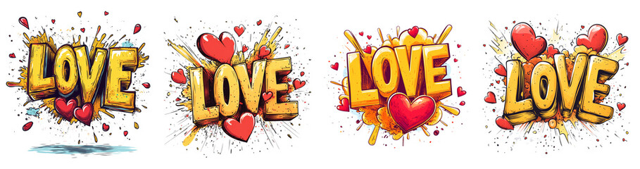 Aufkleber - A vibrant illustration featuring four stylized depictions of the word love surrounded by hearts and explosive effects.