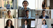 © fizkes - Head shot portrait different age and race people pose in office workplace smiling, posing looking at camera. Video call application users, virtual meeting event, remote communication, hr, collage view