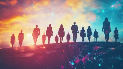 Poster - Back view of businesspeople silhouettes on abstract landscape background with polygonal recruiting mesh. HR concept. 3D Rendering.