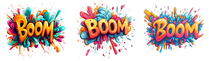 Aufkleber - Three stylized Boom word art designs featuring vibrant color explosions and dynamic lettering.