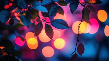 Sticker - Night leaves, bokeh lights, urban backdrop, design