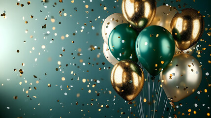 Wall Mural - sparkling green and gold balloons with confetti on teal background.