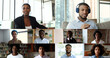 © fizkes - Blogging, social media icon, influencing, videoconference application usage for worldwide communication. Group of African people having on-line conversation smile look at camera, footages collage view