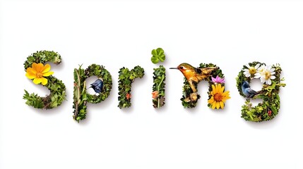 Wall Mural - The word Spring filled with vibrant images of flowers, greenery, and sunshine, blending nature beautifully into each letter.