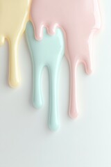Poster - Glossy pastel colors of pink, mint, and yellow create abstract ice cream drips that elegantly cascade down a smooth white surface, allowing for ample text overlay and a modern aesthetic