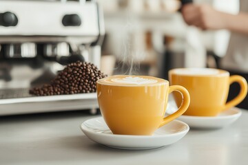 Wall Mural - Coffee culture: The perfect grind by a barista. Two yellow coffee cups with steam near espresso machine and coffee beans.