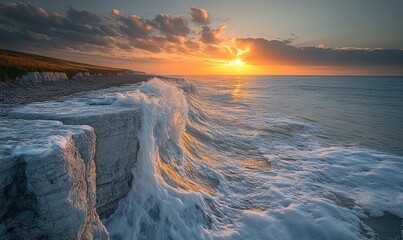 Canvas Print - Sunset waves crash against white cliffs.