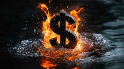 Aufkleber - Black dollar sign burning in water surrounded by flames with splashing water droplets against dark background, depicting financial crisis, inflation or economic recession