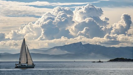 Poster - Sailboat Gliding Through Tranquil Waters Under Dramatic Clouds. Generative AI