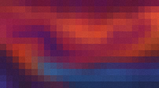 Abstract background with grainy texture and large pixels in shades of red, purple, orange and blue, creating a colorful digital art