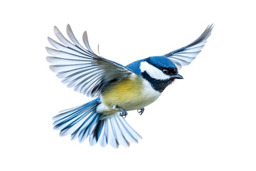 Wall Mural - blue tit bird in flight on white background