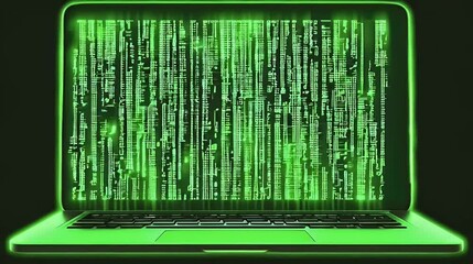 Green code streams from laptop screen, dark background; cybersecurity concept