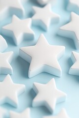 Poster - This fresh and modern design features varying sizes of minimalist star shapes subtly raised from a pastel blue surface, casting soft shadows and providing ample space for text overlay