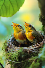 Wall Mural - European Robin (Erithacus rubecula) young birds in nest, Baden-Wuerttemberg, Germany