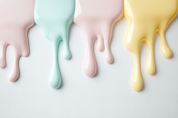Poster - Glossy pastel drips in pink, mint, and yellow flow down a white surface, creating a modern minimalist aesthetic. This artistic composition offers a perfect backdrop for text