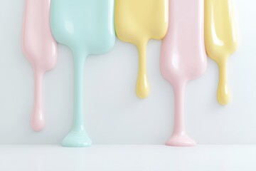 Poster - Glossy pastel ice cream drips in pink, mint, and yellow flow down a sleek white surface, creating modern and artistic vibes