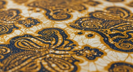 Abstract batik pattern with intricate yellow and blue swirls on fabric